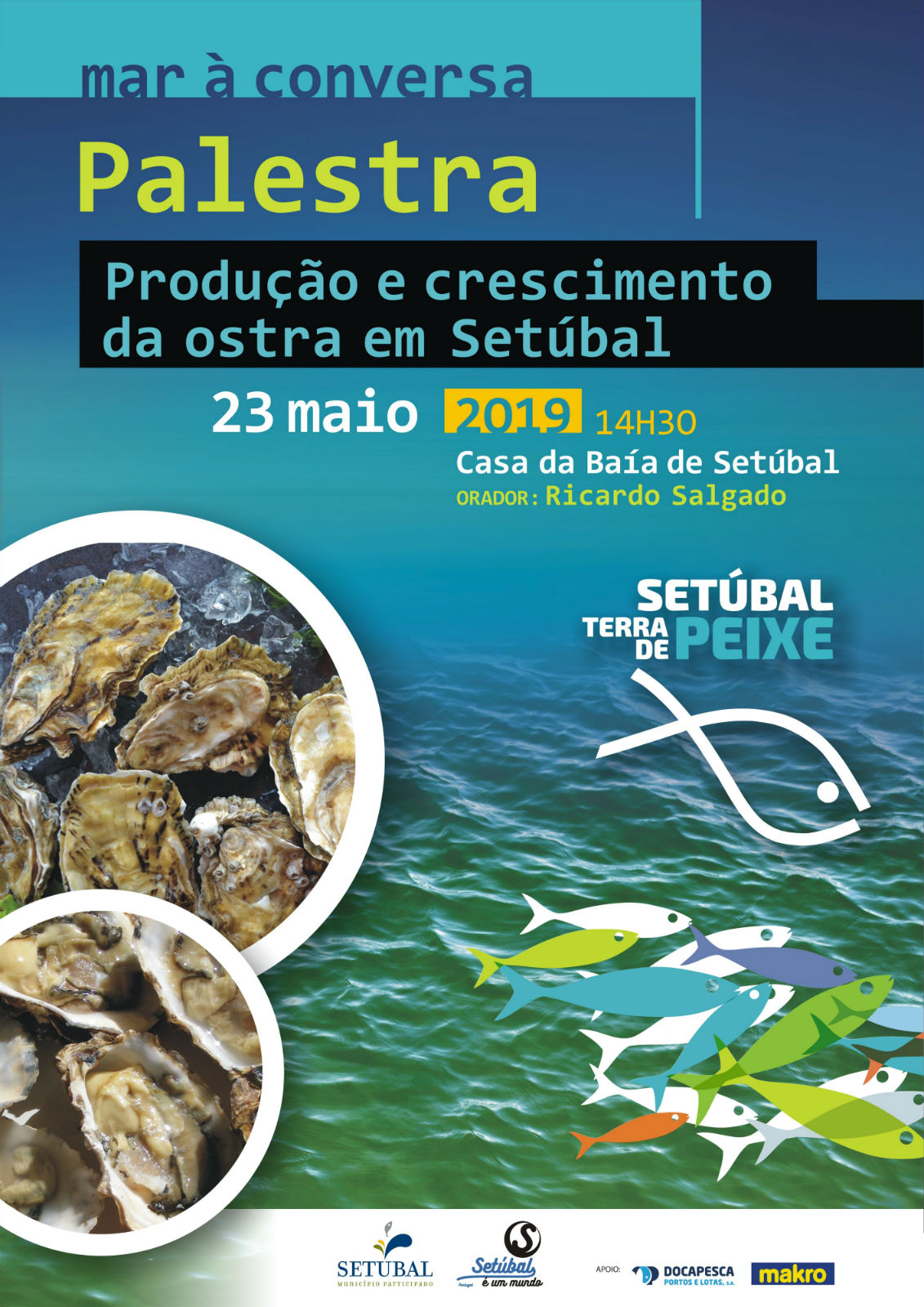 cartaz Mar à coversa - palestra de Ricardo Salgado sobre produção e crescimento da ostra em Setúbal